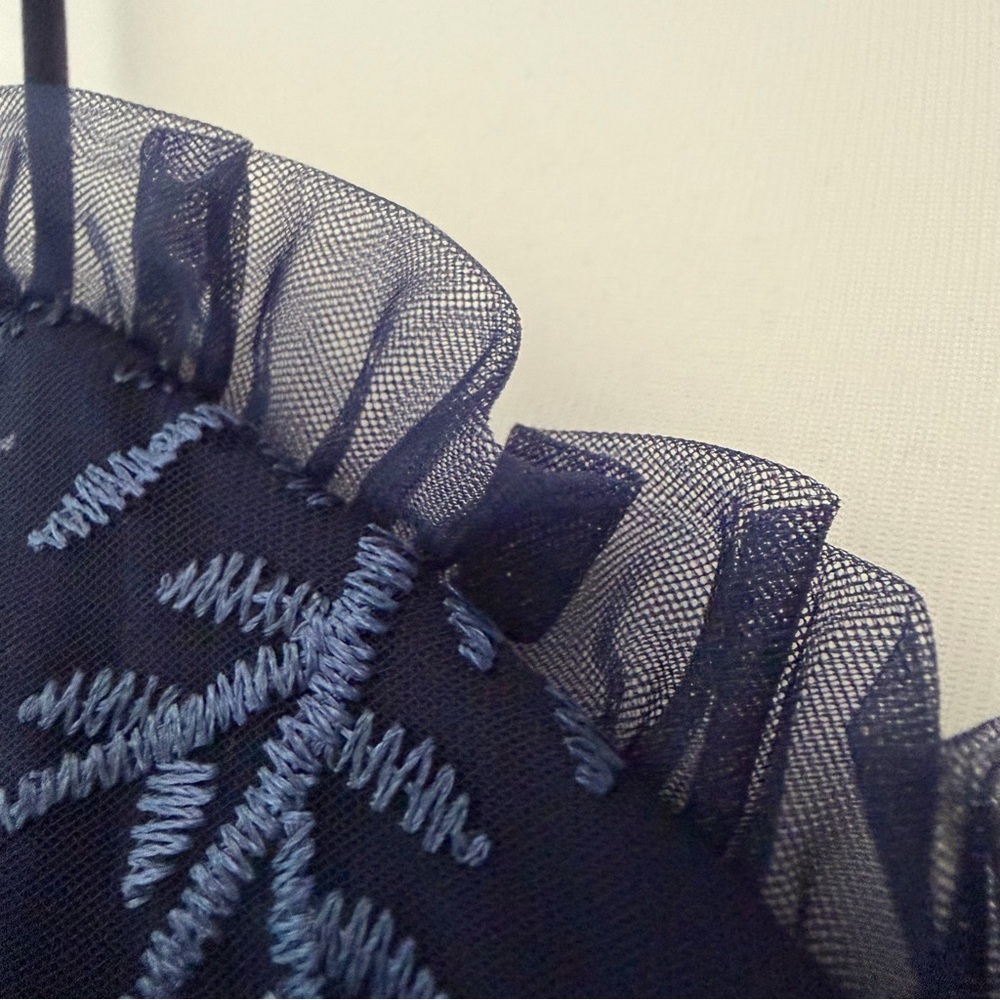 Charmingly Sophisticated Navy Blue Tulle Embroidered Midi Dress - Picture 12 of 16